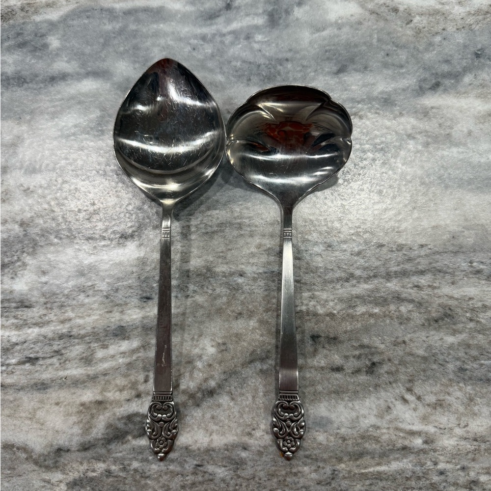 Oneida Community Stainless Steel Serving Spoon and Slotted Spoon Floral Handle